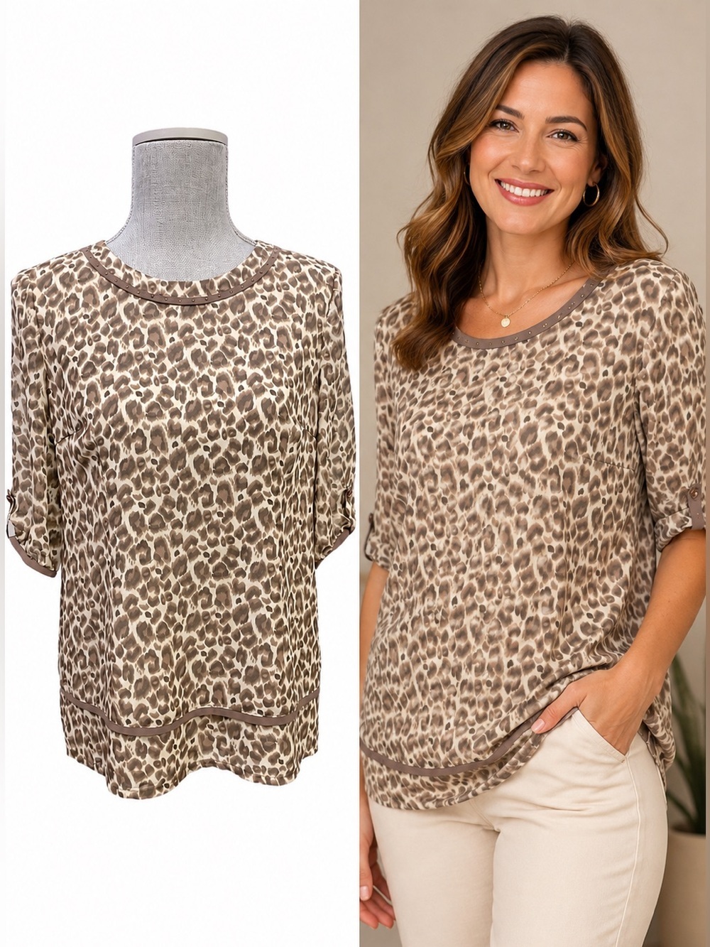 Madam Polla Vintage Leopard Print Blouse Top Rhinestone Trim Back Zip M Animal